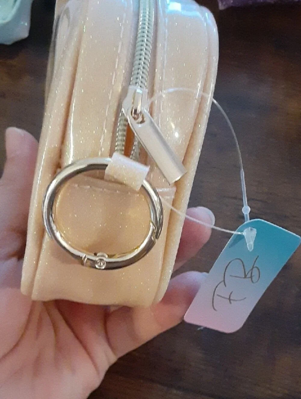Glittery Peach and Gold Square Cosmetic Case Key Chain
